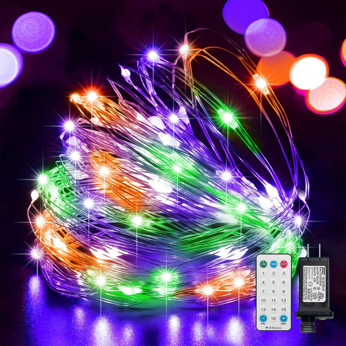 LAMPHOME Halloween Fairy Lights Plug in, 33Ft 100 LEDs Waterproof Twinkle Firefly Lights, Adaptor Included, Starry String Lights for Wedding Indoor Outdoor Christmas Patio Garden, Orange Purple Green