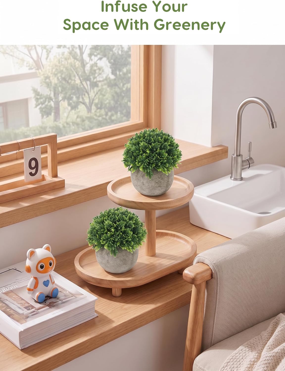 Velener Artificial Boxwood Faux Plant Indoor- Topiary Small Desk Plant Decor for Bedroom Office Cubicle Shelf Decor Window Will Plant Shelf Decoration Dorm Kitchen Counter, Farmhouse Home Decor Accent