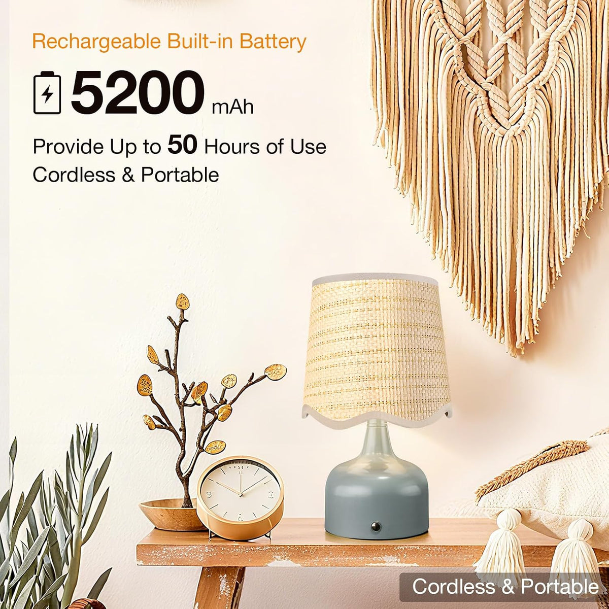 Cordless Boho Table Lamp Blue, Scalloped Wicker Shade, 5200-mAh Rechargeable Battery, 3-Way Dimmable, Build-in Integrated LED 320 Lumen Max, for Bedside Living Room
