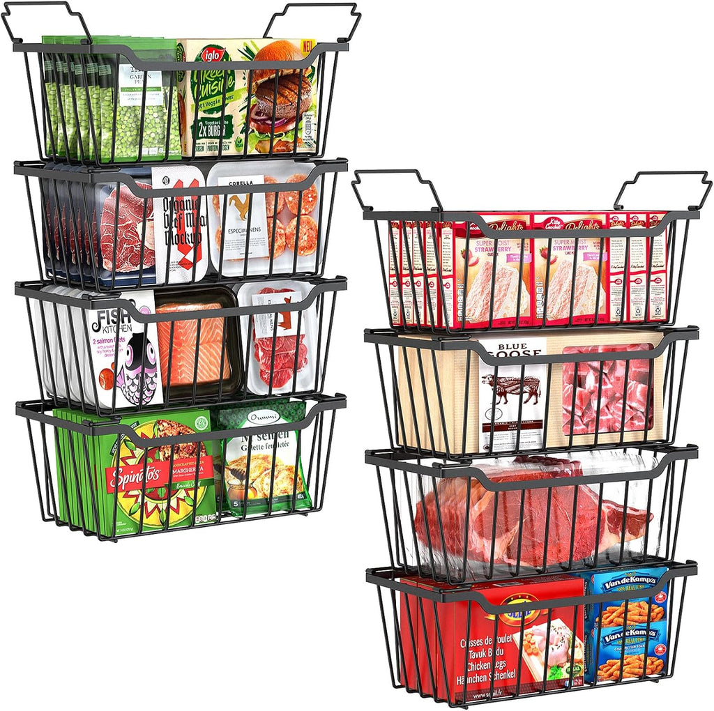 SUNALLY Freezer Organizer Bins, 8 Pack Stackable Pantry Storage Bins, Black