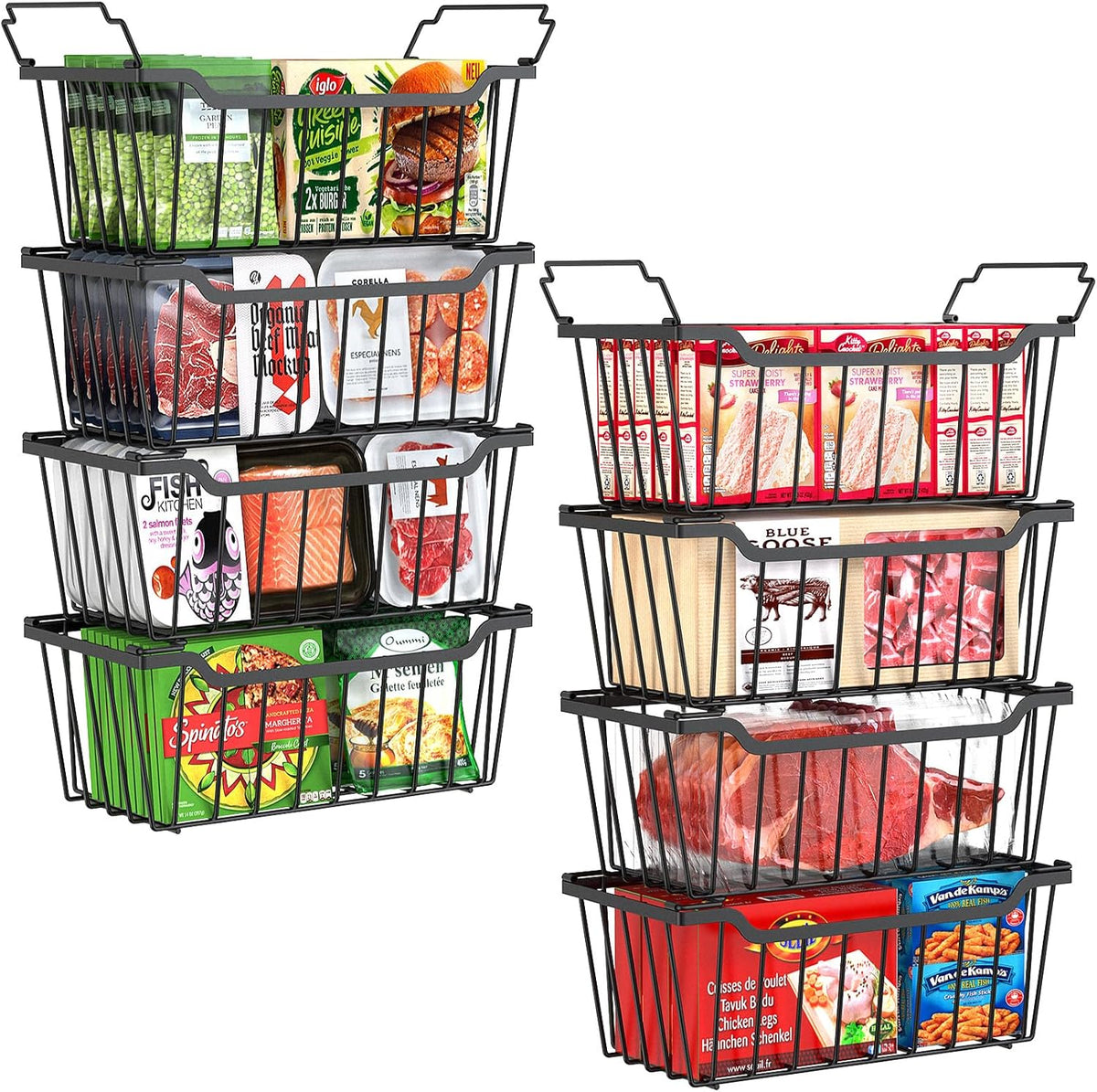 SUNALLY Freezer Organizer Bins, 8 Pack Stackable Pantry Storage Bins, Black