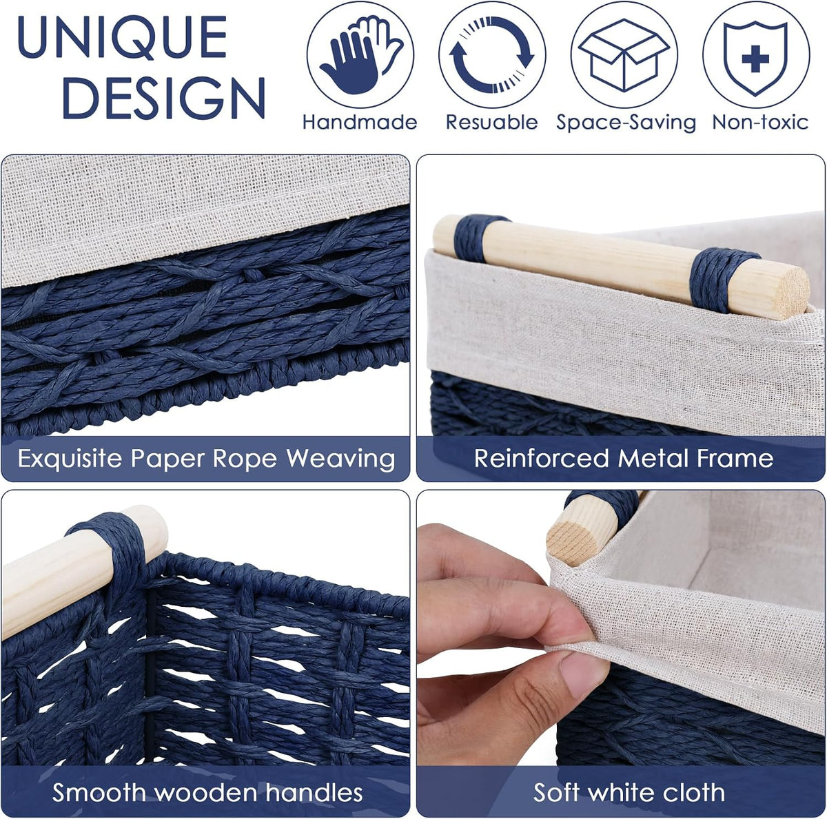 Wicker Storage Basket with Wooden Handle – Paper Rope Decorative Toilet Paper Baskets & Bathroom Organizer for Toilet Tank Top, Shelves, Bedroom, Countertop,Home,Office Storage Bins,2 Pack,Navy Blue