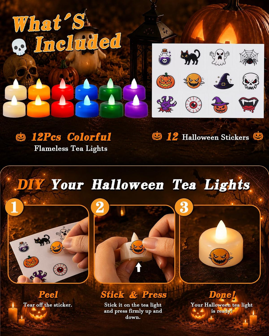 Amagic 12Pack Halloween Multicolor LED Tea Lights Candles with DIY Stickers