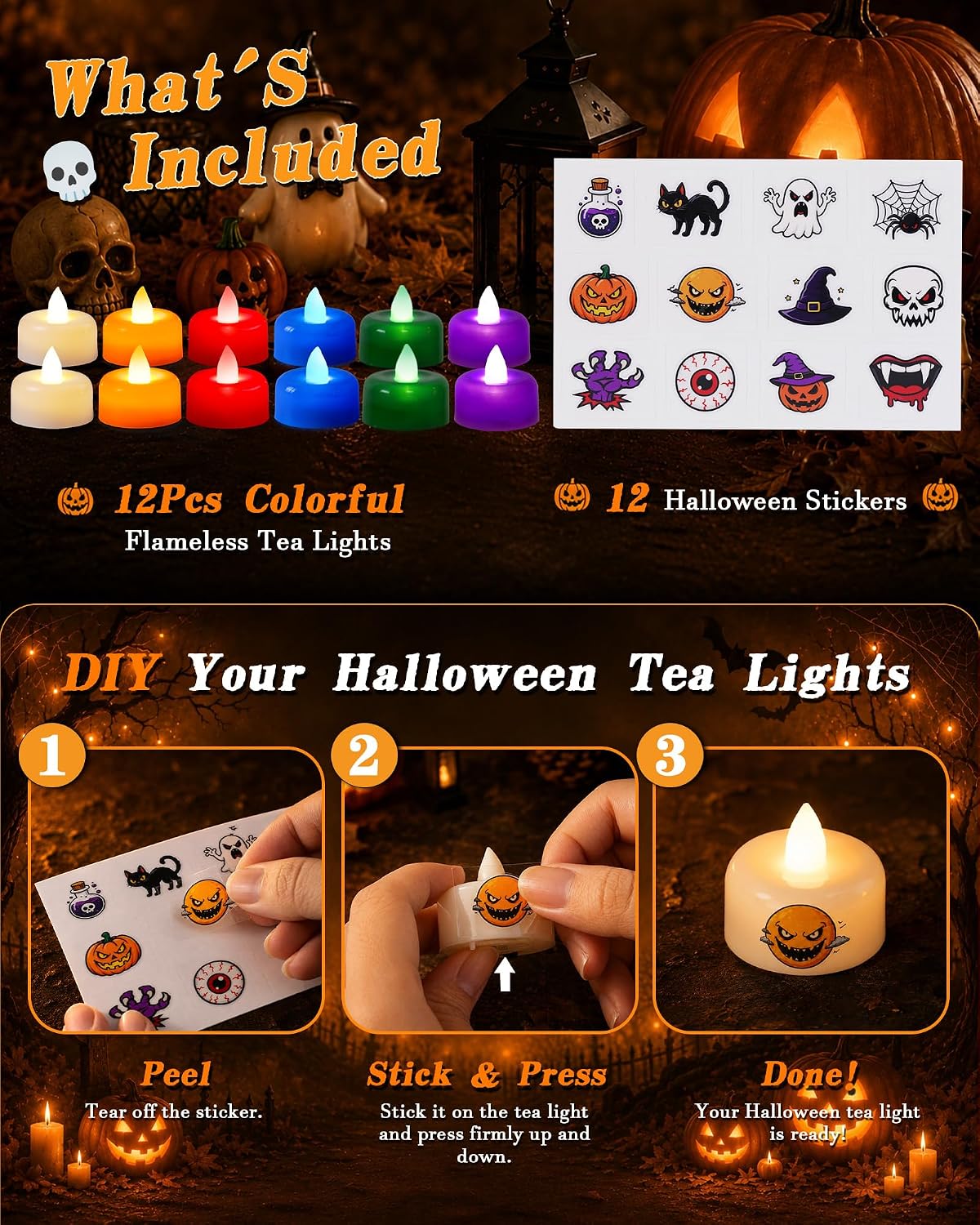 Amagic 12Pack Halloween Multicolor LED Tea Lights Candles with DIY Stickers