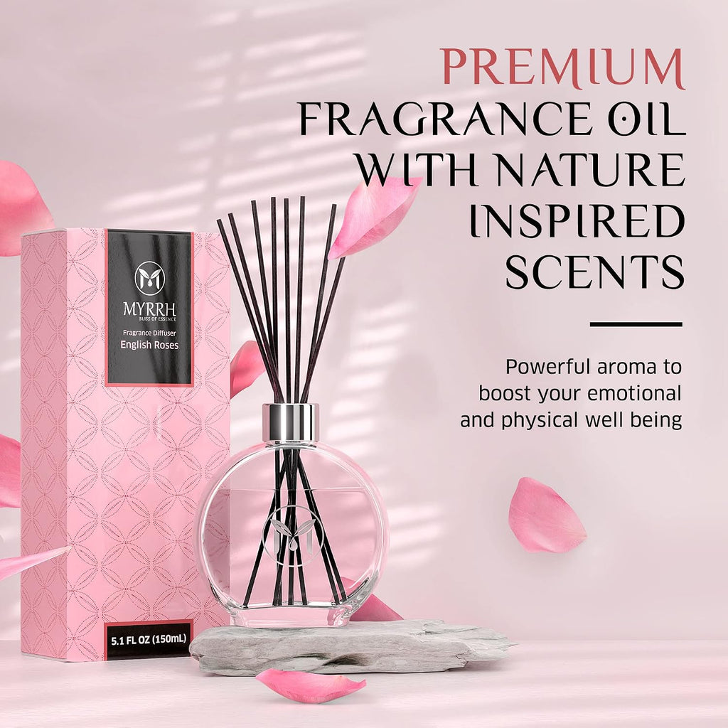 English Roses Scented Reed Diffuser Set with 8 Rattan Diffuser Sticks, 150 ml, All Natural Air Freshener, Long-Lasting Diffusers at Home - MyrrhUSA