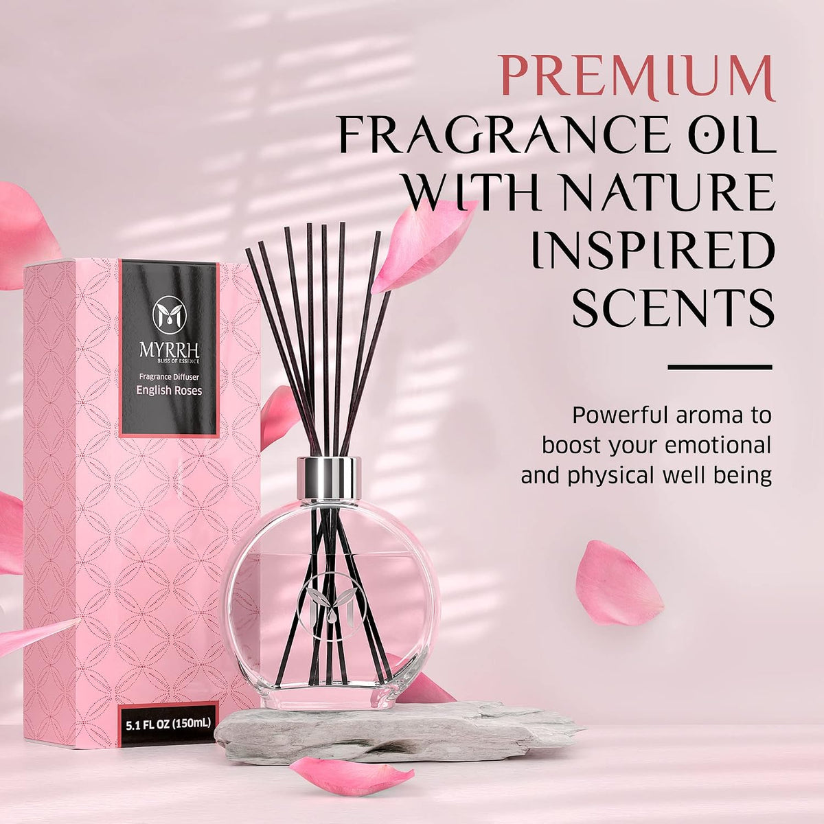 English Roses Scented Reed Diffuser Set with 8 Rattan Diffuser Sticks, 150 ml, All Natural Air Freshener, Long-Lasting Diffusers at Home - MyrrhUSA