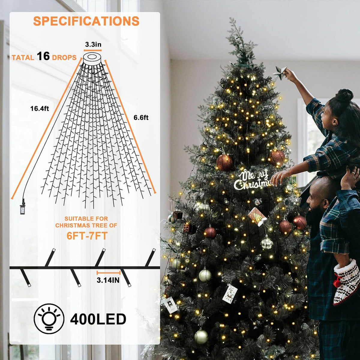 BOLWEO Christmas Tree Lights, 400LED 16 Lines Christmas Lights for Tree 8 Modes for 6ft-7ft Christmas Tree, UL Certified Indoor Outdoor Christmas Decorations 16 * 6.6ft Drops Warm White