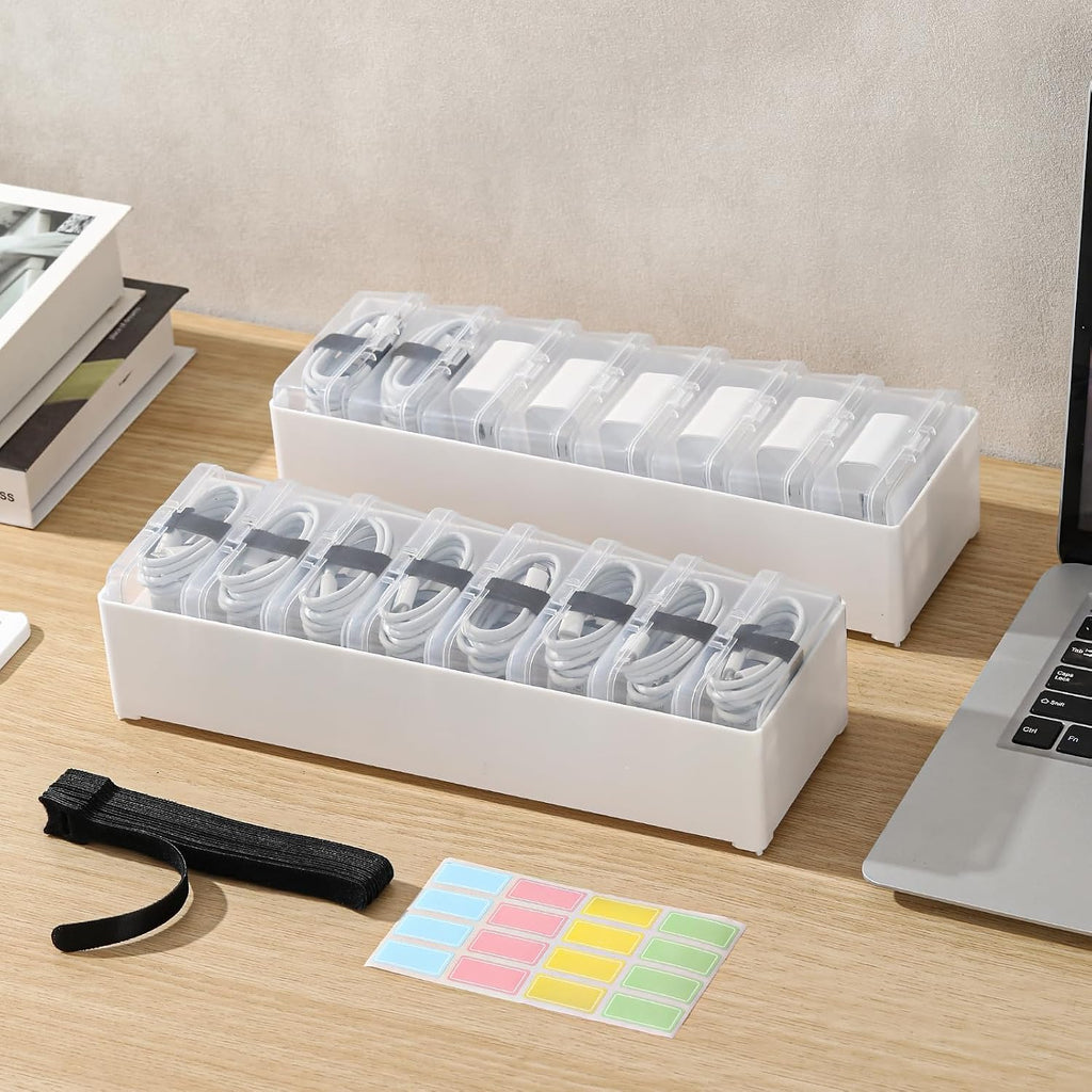 Large Cable Organizer Box with 16 Clear Switch Case, 2 Pack Clear Phone Charger Cable Organizer Box for Home Office Desk Accessories Wire Organization Stationery Supplies (white)