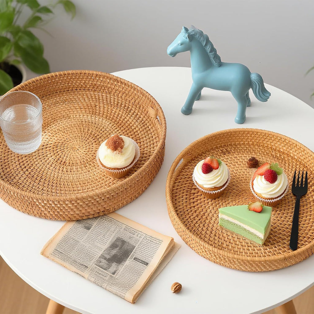 Round Rattan Serving Tray with Handles, Natural Wicker Decorative Tray for Serving, Fruit/Bread Serving Basket, Round Woven Tray，11.8 inch, Gift Idea Choice (11.8")