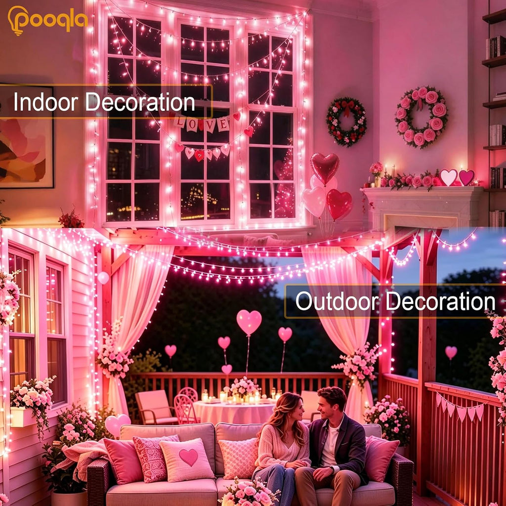 Pooqla 200 LED String Lights Indoor Outdoor, 66 ft Pink Christmas Lights Plug in with Timer, Connectable 8 Modes Waterproof Clear Wire Twinkle Fairy Lights for Halloween Xmas Tree Yard Wedding Decor