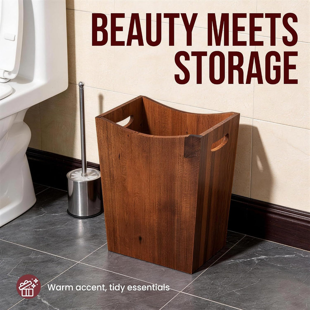 Wood Waste Basket, 2 Gallon Rectangular Trash Can with Handles