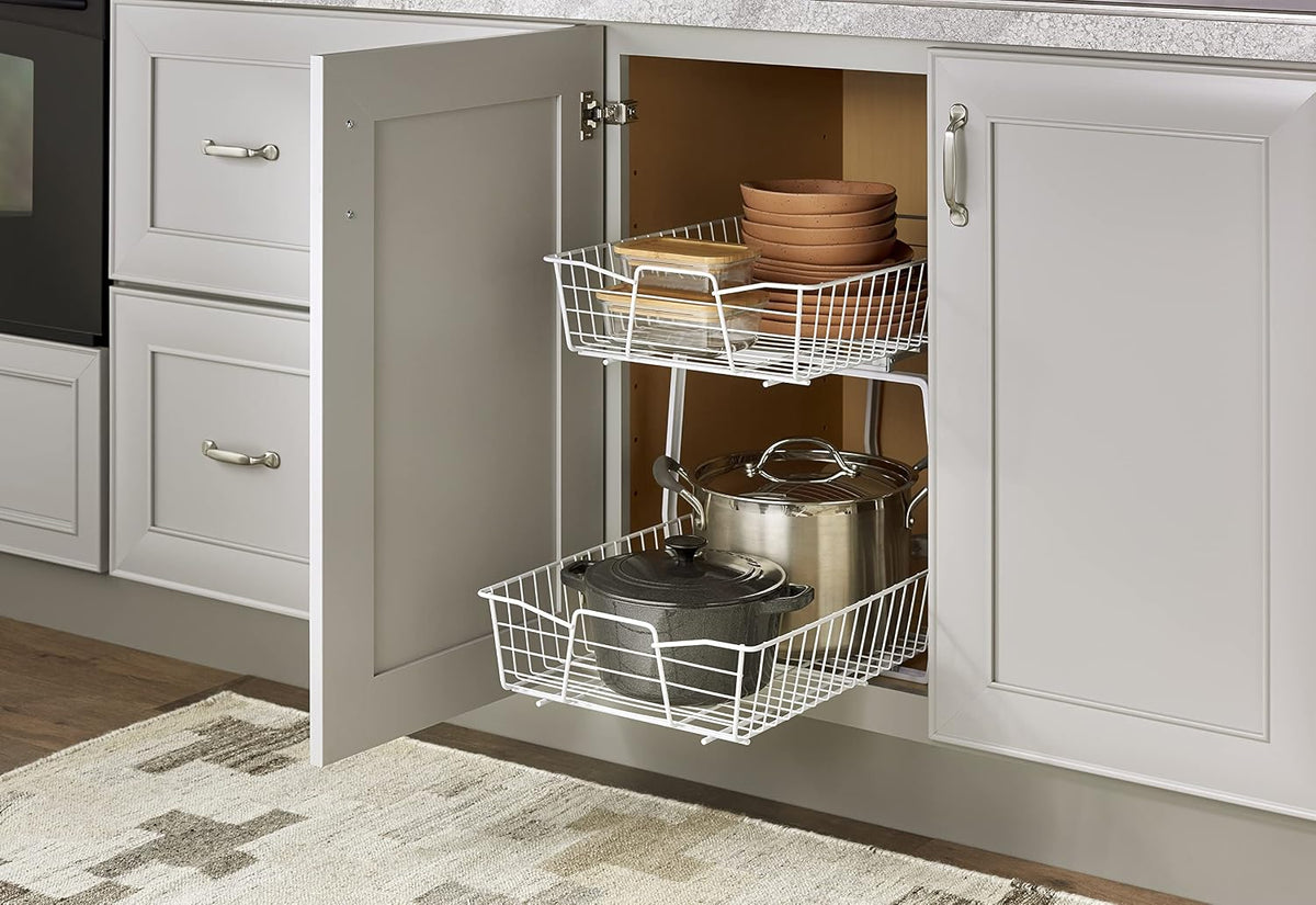 ClosetMaid 14 in. Pull Out Cabinet Organizer, 2 Tier, Heavy Duty, Slide Out Pantry Shelves Drawers for Kitchen, Bathroom, White