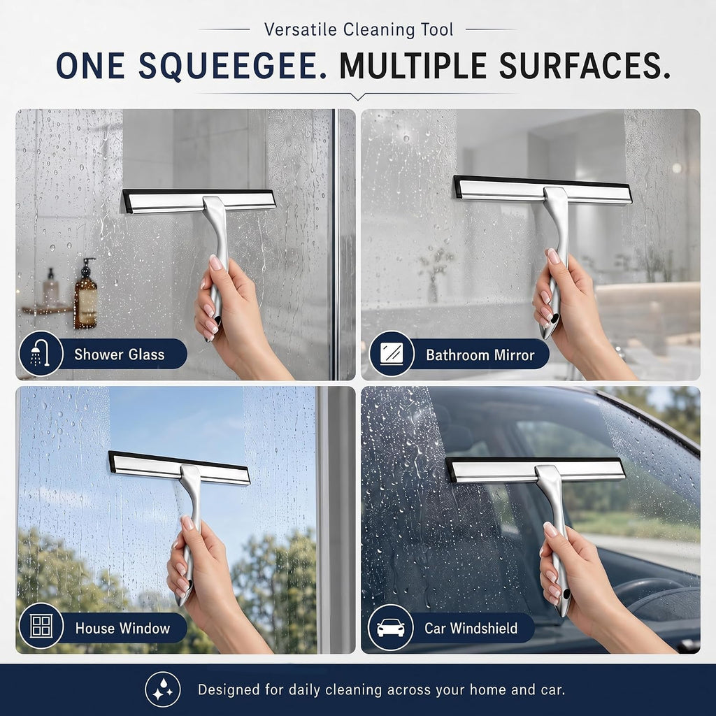 Shower Squeegee for Glass Doors, Stainless Steel Bathroom Squeegee with 3 Kinds of Waterproof Adhesive Hooks, 10 Inch Window Mirror Tile Wall Car Glass Cleaner Tool, Streak-Free Silicone Blade