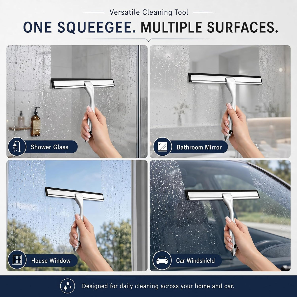 Shower Squeegee for Glass Doors, Stainless Steel Bathroom Squeegee with 3 Kinds of Waterproof Adhesive Hooks, 10 Inch Window Mirror Tile Wall Car Glass Cleaner Tool, Streak-Free Silicone Blade