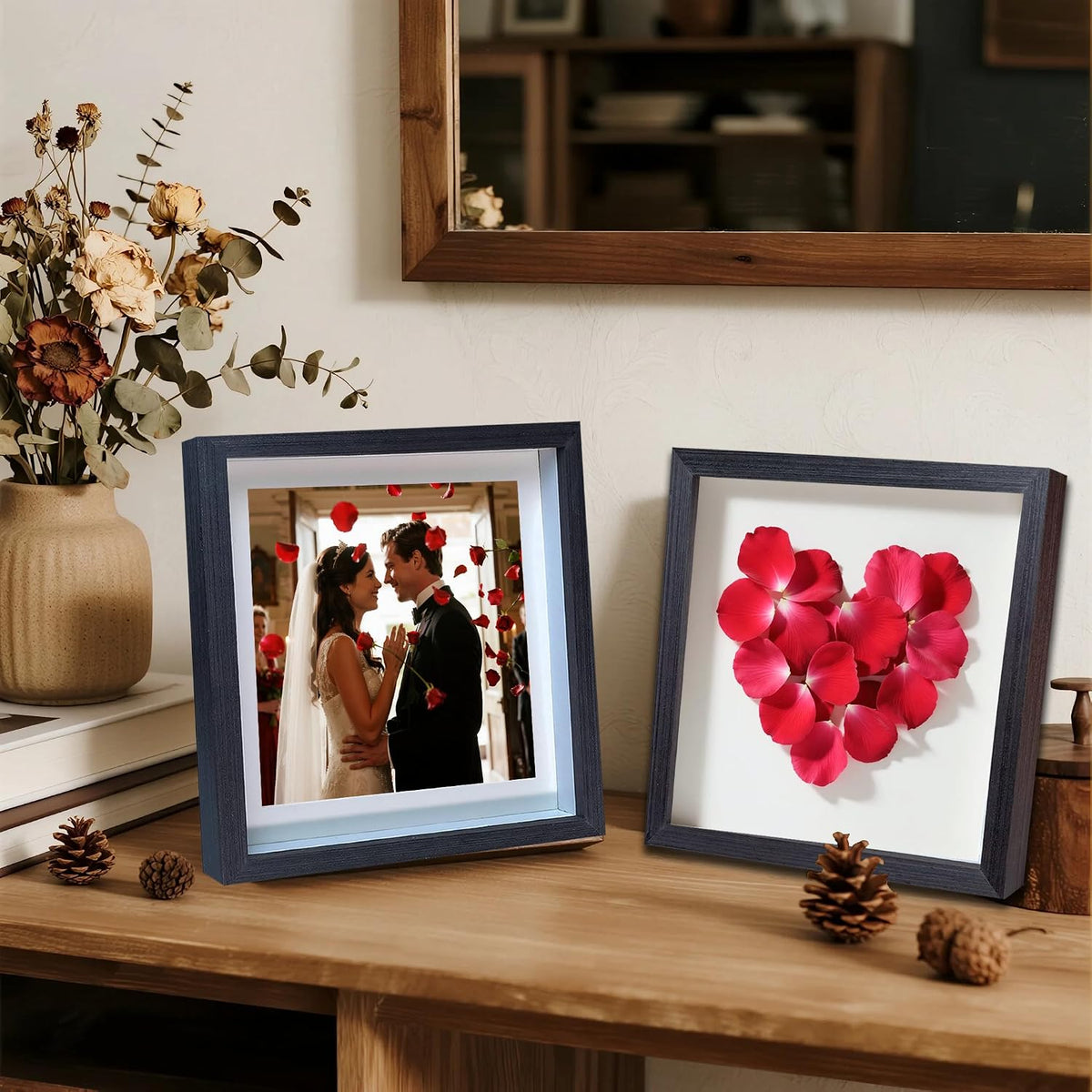 Black 8x8 Shadow Box Frame Solid Wood Shadow Box Memory Display Case Glass Surface Internal Depth 0.6 inch for Wall or Tabletop（4 Pack）