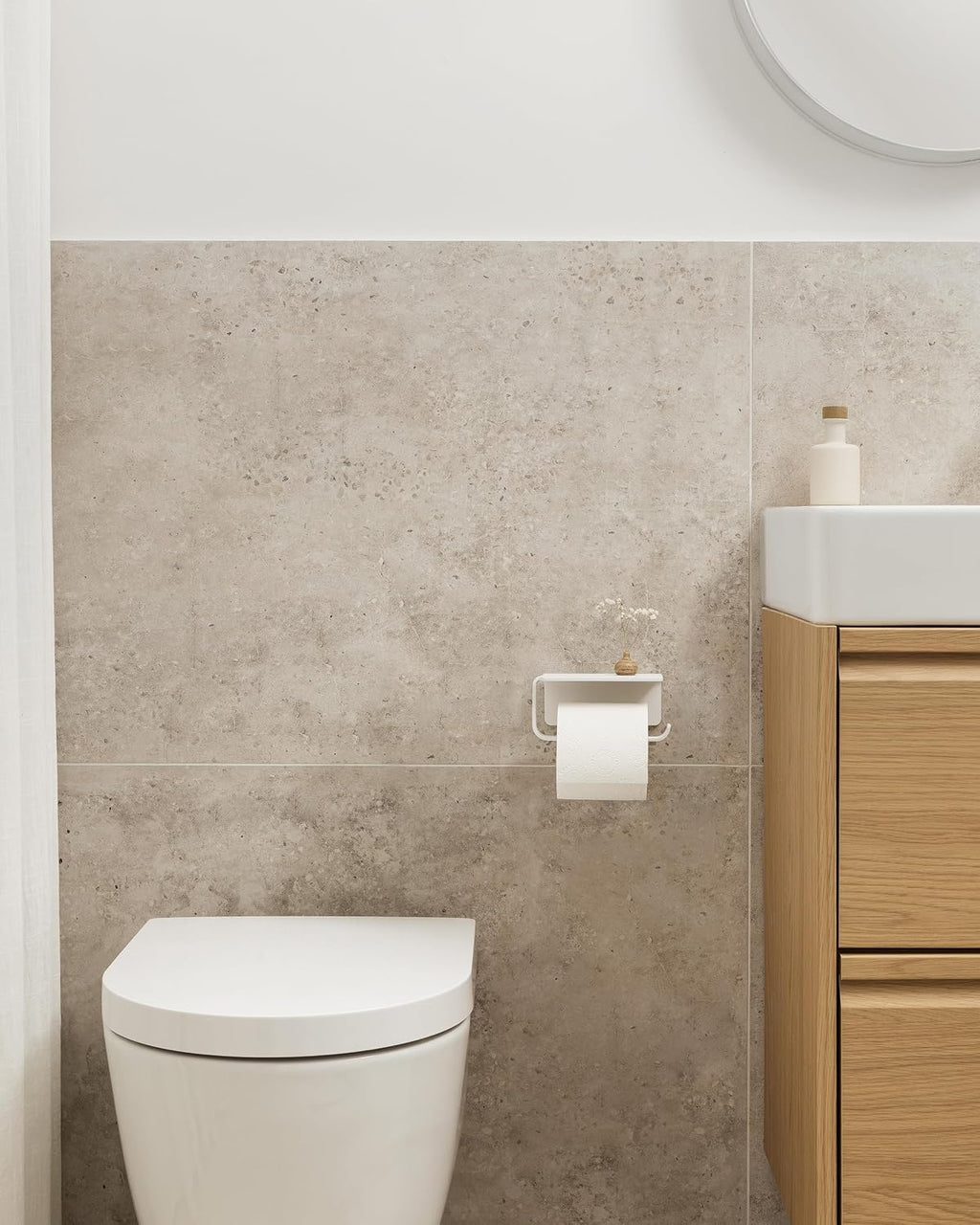 KAZAI. Toilet Paper Holder Wall Mount No Drill | Adhesive Toilet Paper Holder with Shelf | Bathroom Tissue Holder | Metal Toilet Paper Roll Dispenser | White