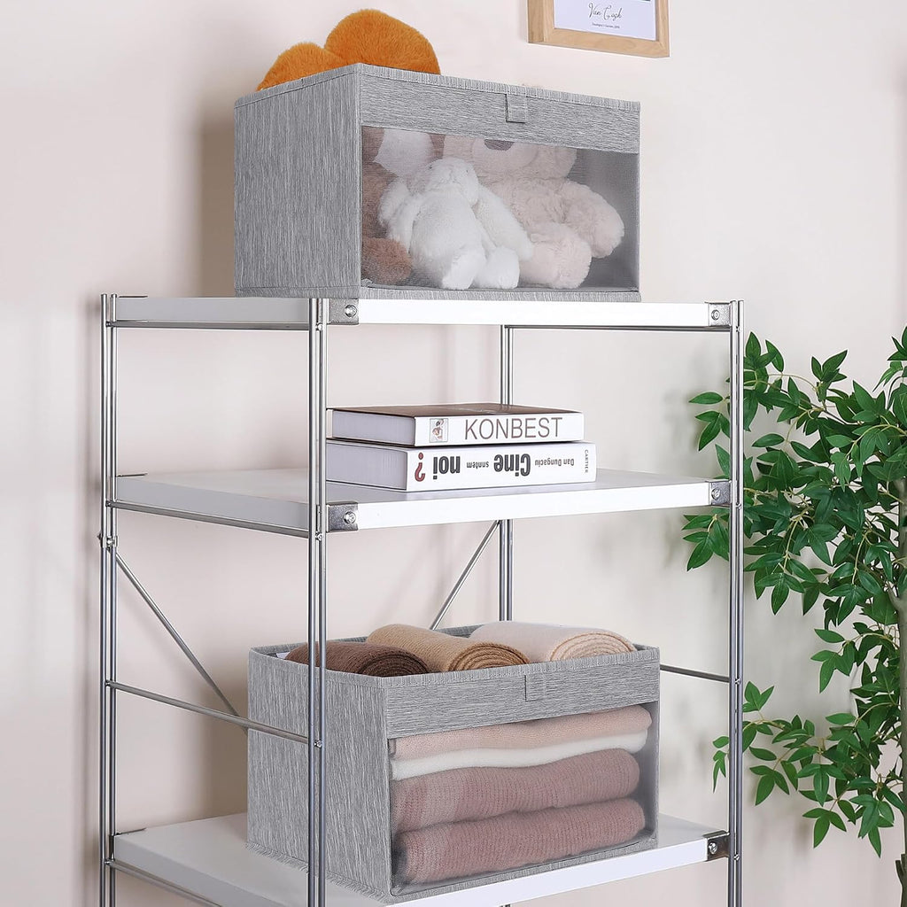 WUIKE Foldable Storage Bins, Clear Window Bins, Light Gray, Large, 3-Pack