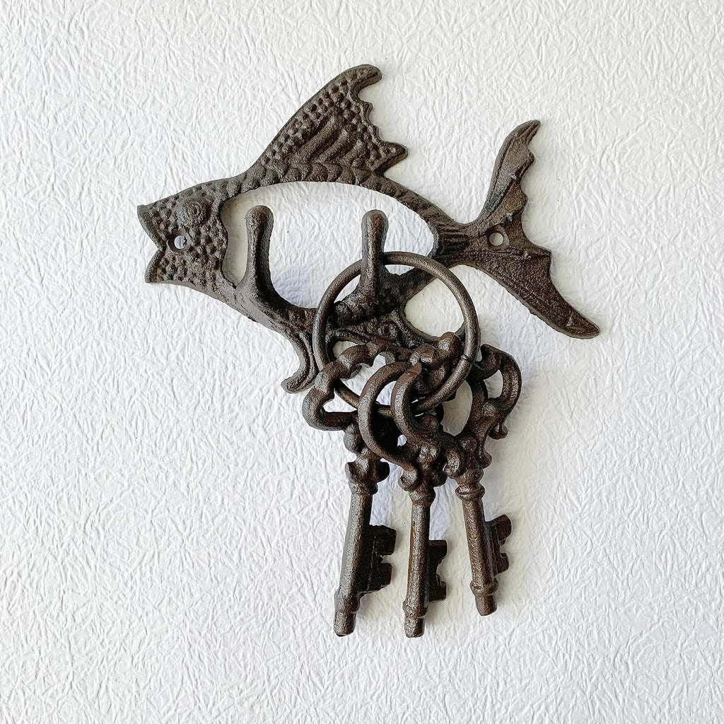 Rustic Fish-Shaped Decorative Wall Hook Rack Hangers for Hanging Clothes, Coats, Towels, Keys, and Hats, 1 Pack Antique Cast Iron Mounted Wall Hooks