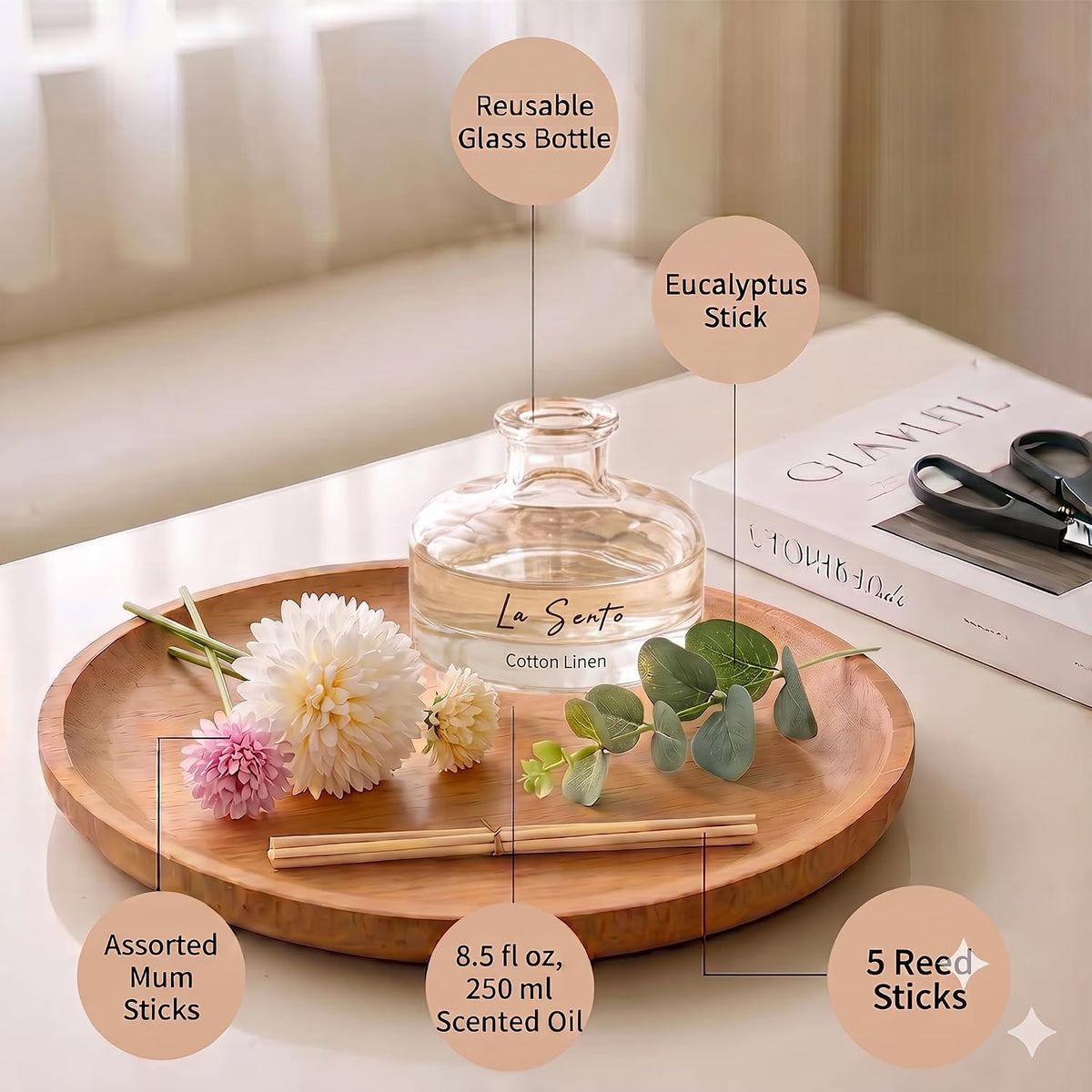 Reed Diffuser Set, Cotton Linen Scent, 8.5oz / 250ml, for Home