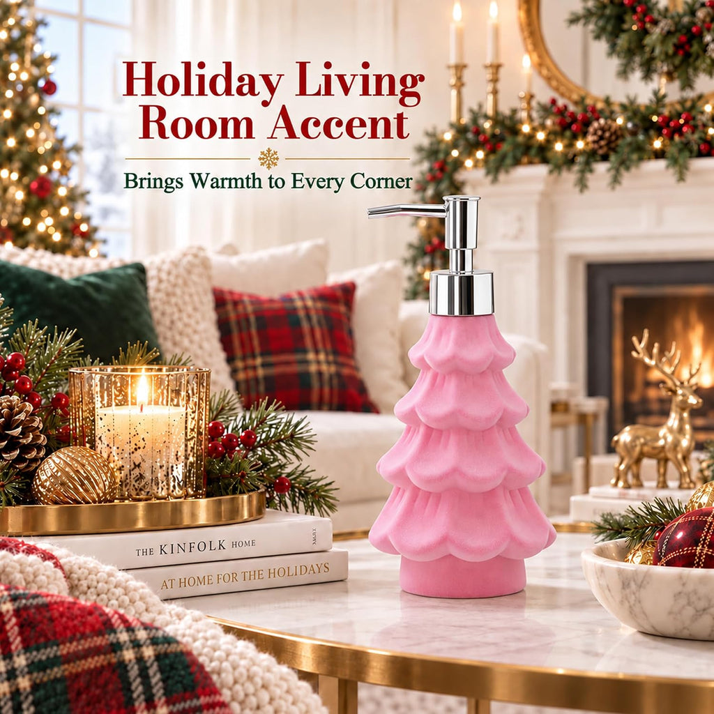 Christmas Soap Dispenser, Flocked Pink Christmas Tree for Bathroom Kitchen