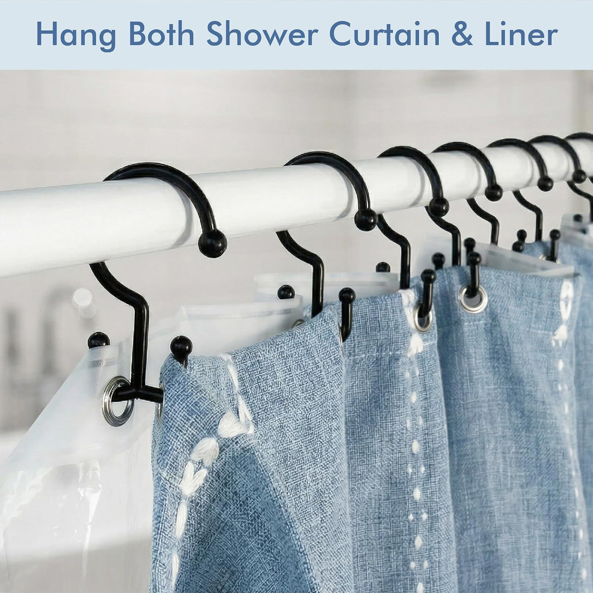 Bathway Black Plastic Shower Curtain Hooks, 24 Double Shower Curtain Rings