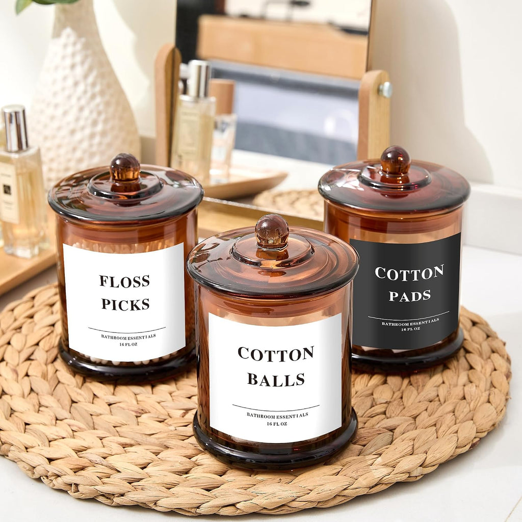 3 Pack Glass Qtip Holder Dispenser with Lids, Airtight Waterproof, 16 Oz Vanity Organizer Bathroom Canisters for Cotton Swabs, Balls, Pads, Floss Picks, Restroom Bedroom Kitchen Storage Jars, Amber