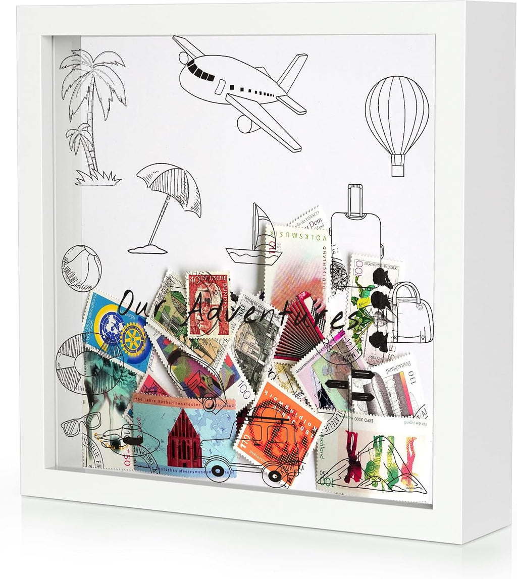 Jackma Travel Tickets Collection Shadow Box Frame, Funny Display Box for Collecting Tickets of Sporting Travelling Events – Piggy Bank Frame Memory Box with Slot on Top, White 8x8”