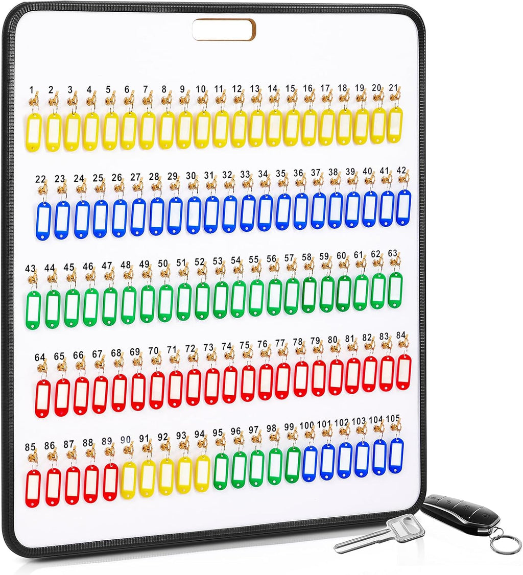RattanView Key Hook Board Rack with 120 Pcs Plastic Tags Set 31.9 x 29.5 Inch Key Holder Wall Mount Organizer with 105 Hooks Self Closing Tabs Colored Labels for Car Hotels Office House Storage