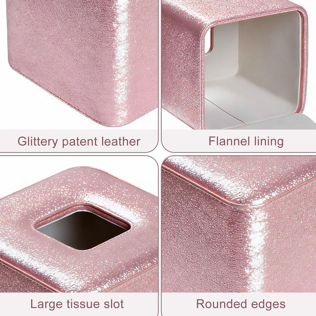 GORESE PU Leather Tissue Box Cover Square, Decorative Tissue Box Holder for Kleenexs, Tissue Cover for Vanity, Bathroom, and Office, Elegant Shimmer Cube Tissue Box (Pink)