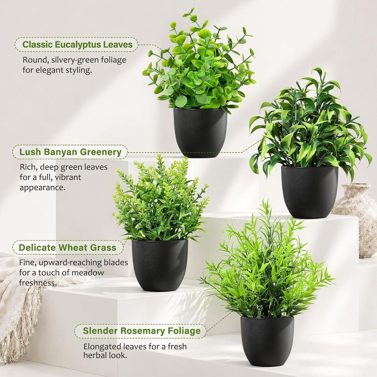 4 Pack Small Fake Plants in Black Pots Eucalyptus Leaf Mix