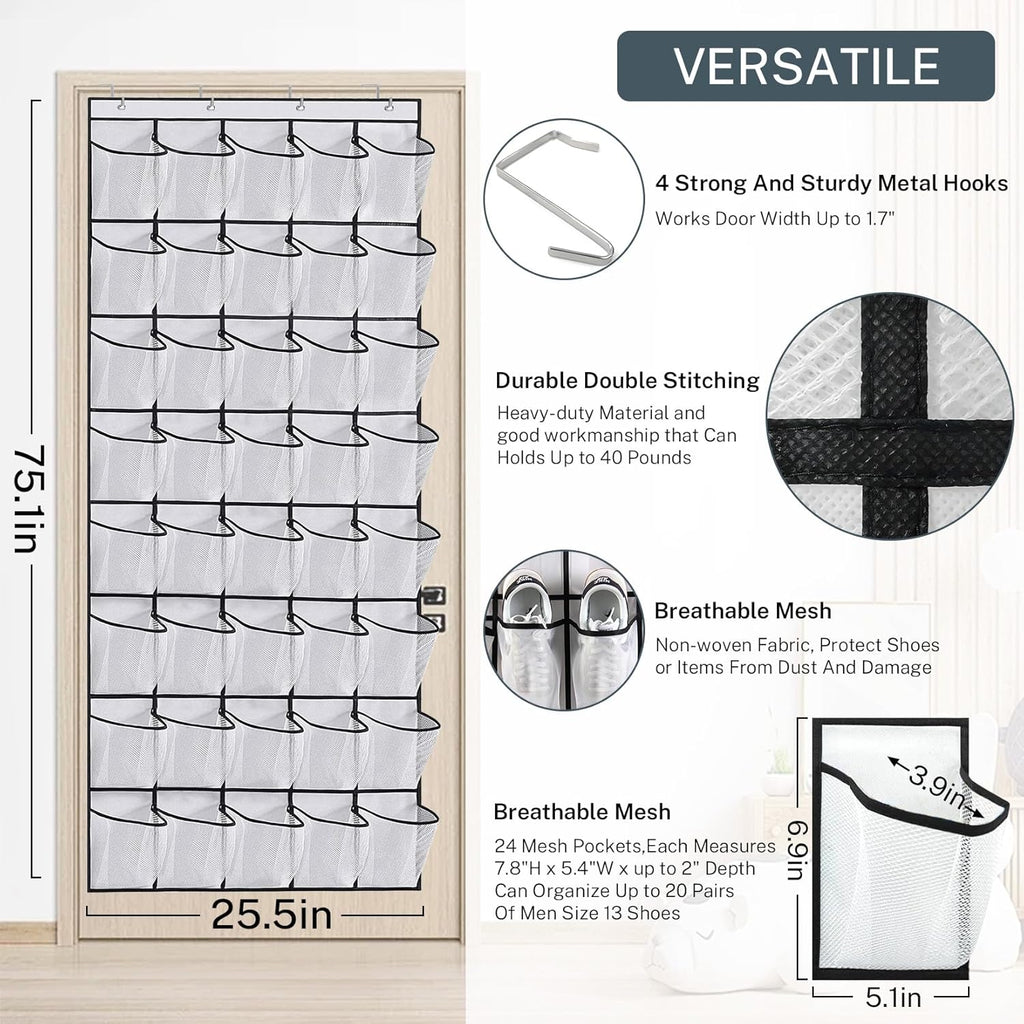 Over the Door Shoe Organizer,40-Pocket Hanging Shoe Rack for Closet Door,Shoes Storage Holder Hanger with Large Mesh Pocket for Women Men Shoes,Flip Flops(Black)