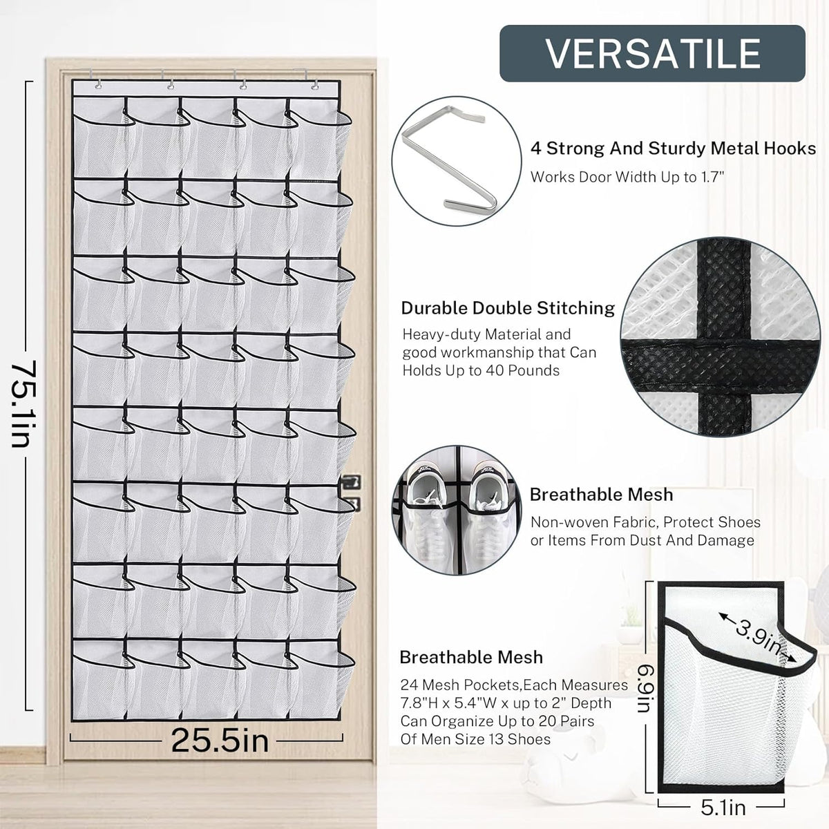 Over the Door Shoe Organizer,40-Pocket Hanging Shoe Rack for Closet Door,Shoes Storage Holder Hanger with Large Mesh Pocket for Women Men Shoes,Flip Flops(Black)