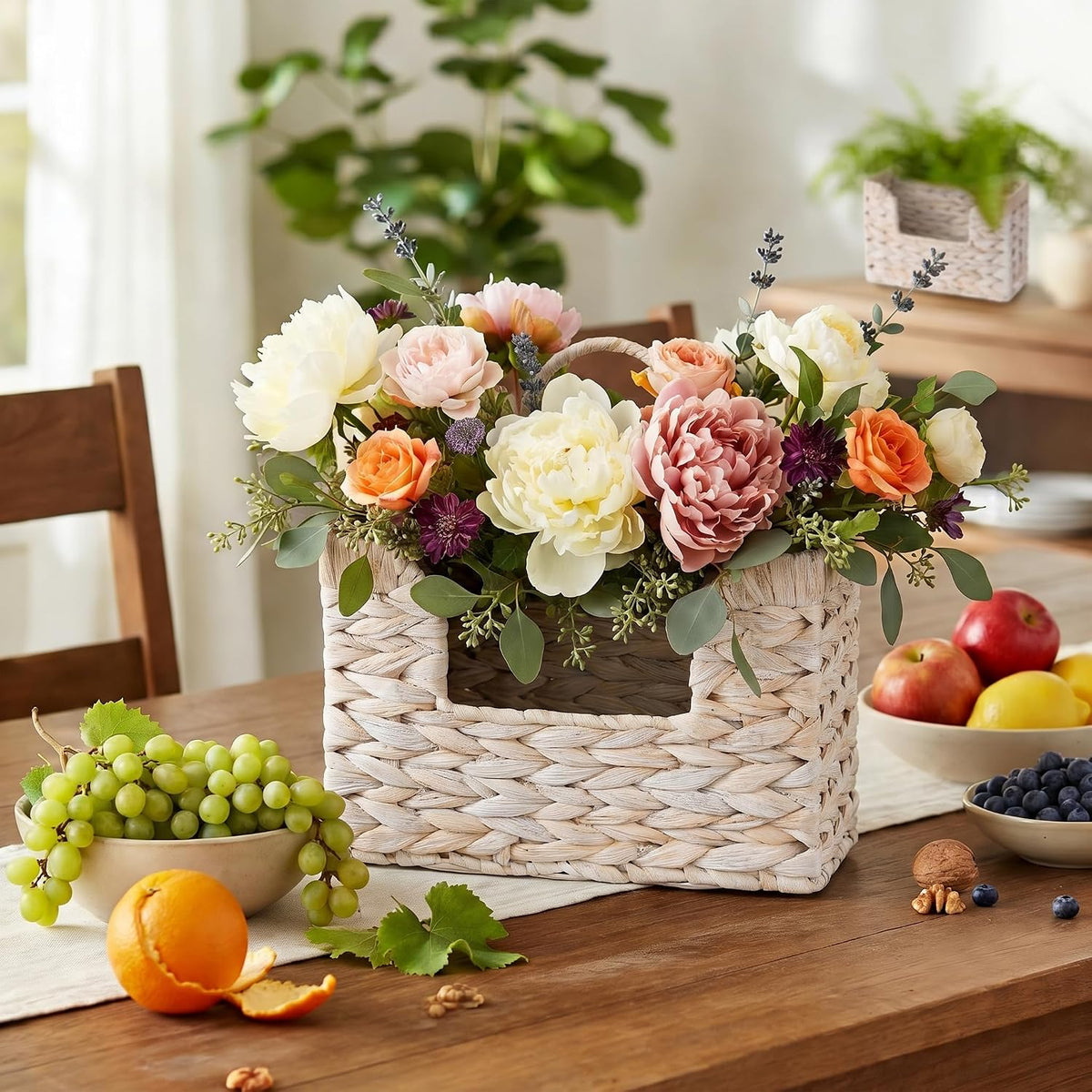 PINXIURY Magazine Holder Wall Basket Water Hyacinth Woven Mail Organizer, Wicker Wall Hanging Baskets for Magazines, Letters & Storage Decorative Mail Holder, Magazine Rack, Hanging Basket, Whitewash