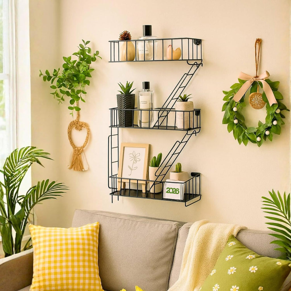 Fire Escape Wall Shelf, Black Metal Decorative Floating Ladder, 3-Tier
