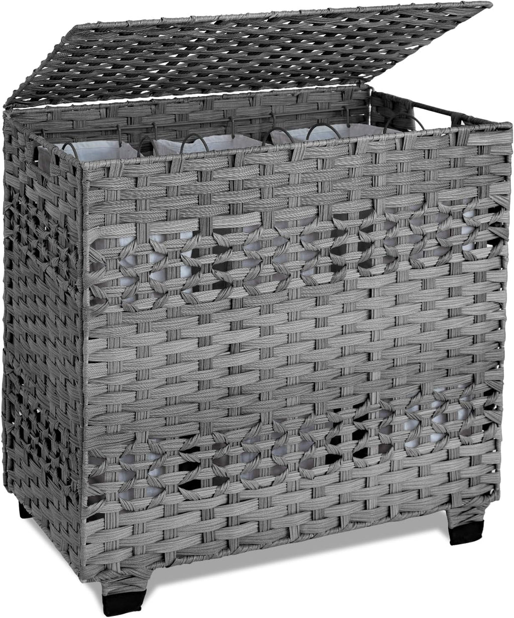 OIAHOMY Laundry Hamper with Lid, 140L Clothes Hamper with 3 Removable Liner Bags, Foldable Basket with Lid, Synthetic Wicker Laundry Basket for Bedroom, 27x 13 x 26 Inches, Grey