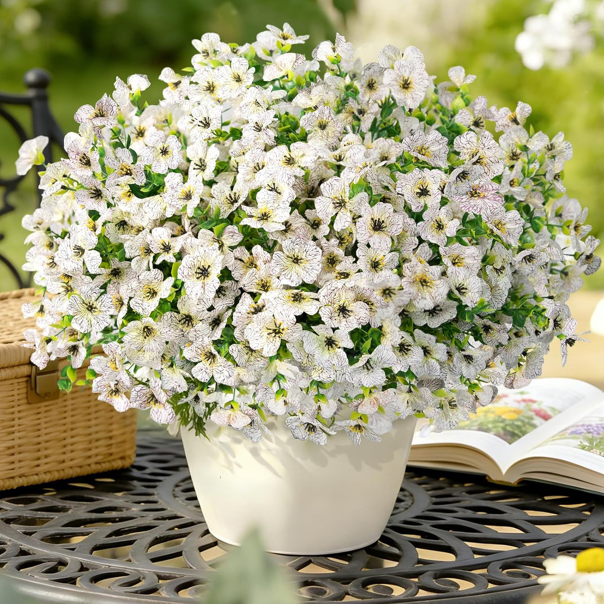 12 Bundles Artificial Flowers for Outdoors, Fake Silk Plastic Flowers for Outside, UV Resistant Faux Plants for Outside Garden Porch Window Home Planters Decoration (White)