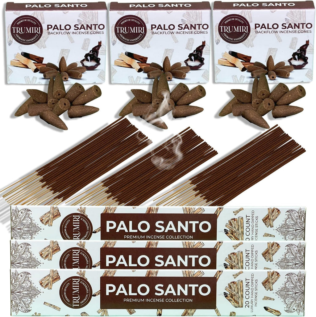Palo Santo Incense Sticks & Backflow Incense Cones for Waterfall Combo Pack - 60 Insence-Sticks + 30 Backflow Cones - Insents - Incense Waterfall Cones - Inscense