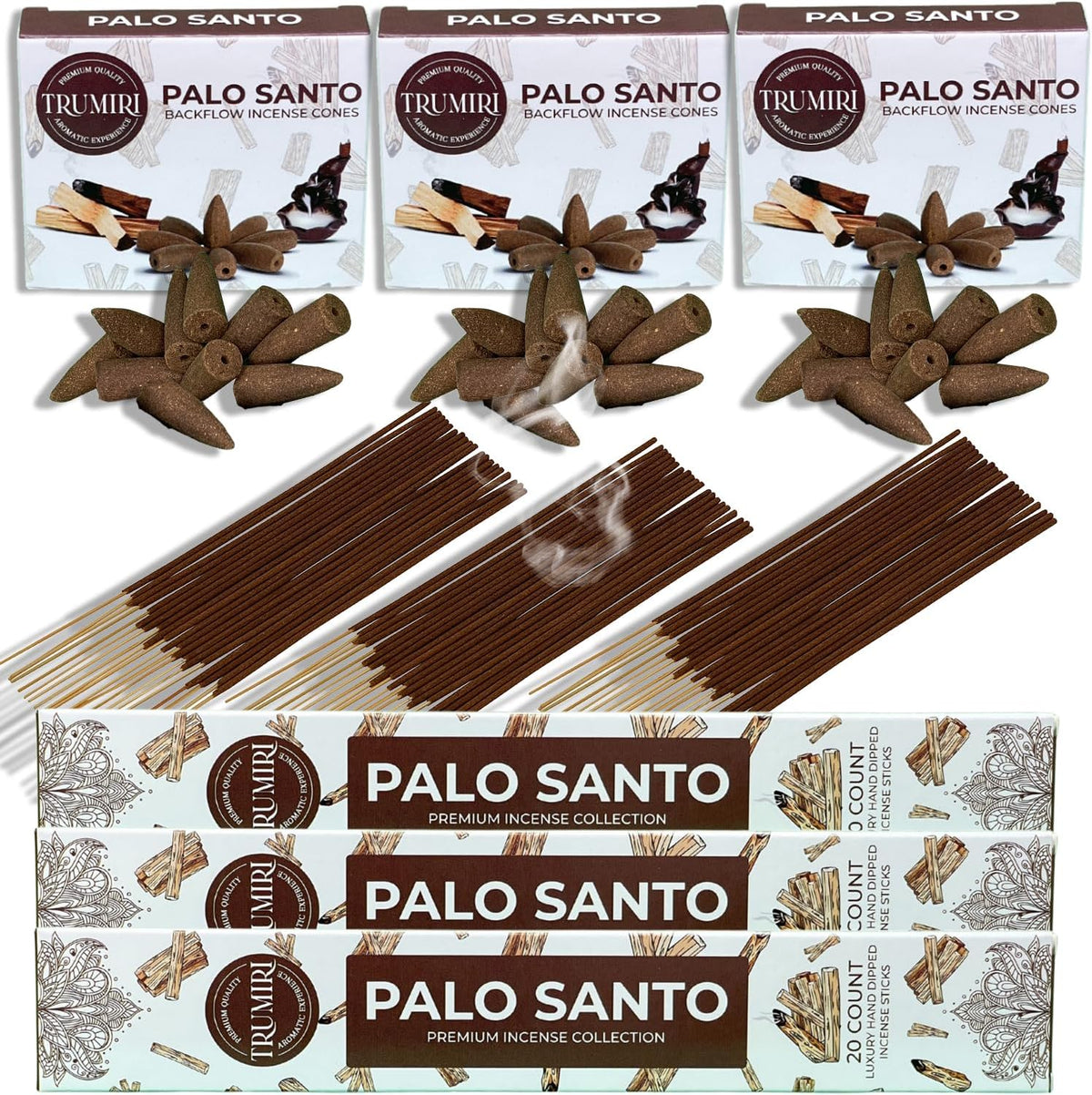 Palo Santo Incense Sticks & Backflow Incense Cones for Waterfall Combo Pack - 60 Insence-Sticks + 30 Backflow Cones - Insents - Incense Waterfall Cones - Inscense