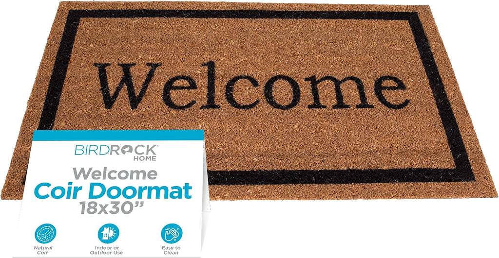 BIRDROCK HOME Welcome Coir Doormat | 18 x 30 Inch | Standard Welcome Mat with Black Border and Natural Fade | Vinyl Backed | Outdoor