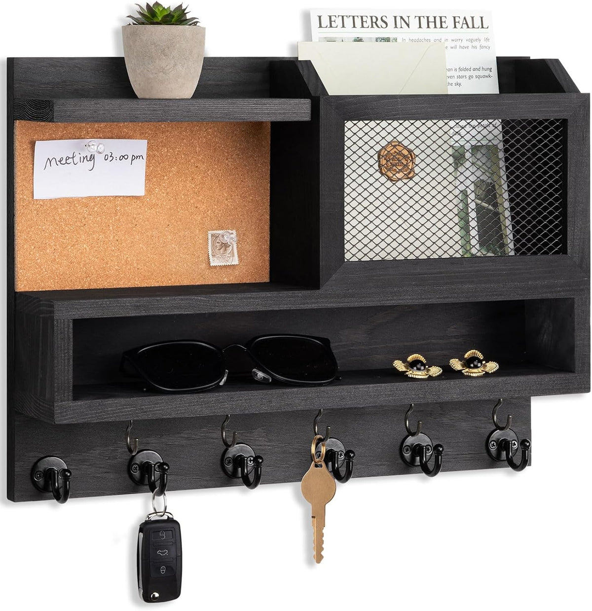 Key Holder for Wall with Mail Organizer,Farmhouse Mail and Key Holder for Wall,Key Hanger with ‌Metal 11 Hooks,Corkboard,and Shelf,Decorative Natural Pine Wood Entryway Organizer,14.6*11.1*3.3”,Black