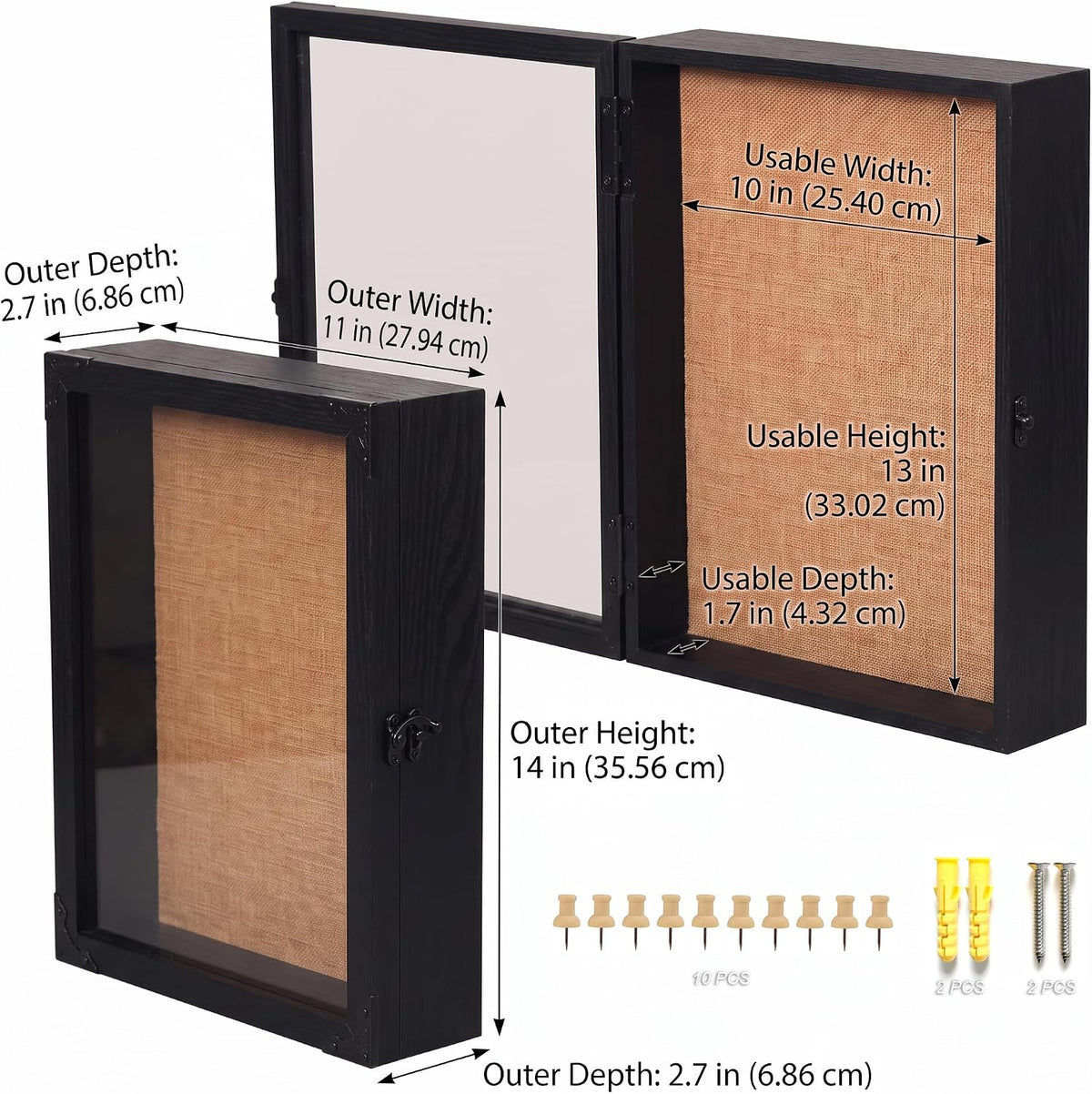 11x14 Shadow Box Frame with Glass Door, Solid Wood Memory Display Case, Linen Back, 2.7" Overall Depth, 10 Push Pins & Hanging Hardware, Rustic Keepsake Box for Flowers, Photos, Medals, Black