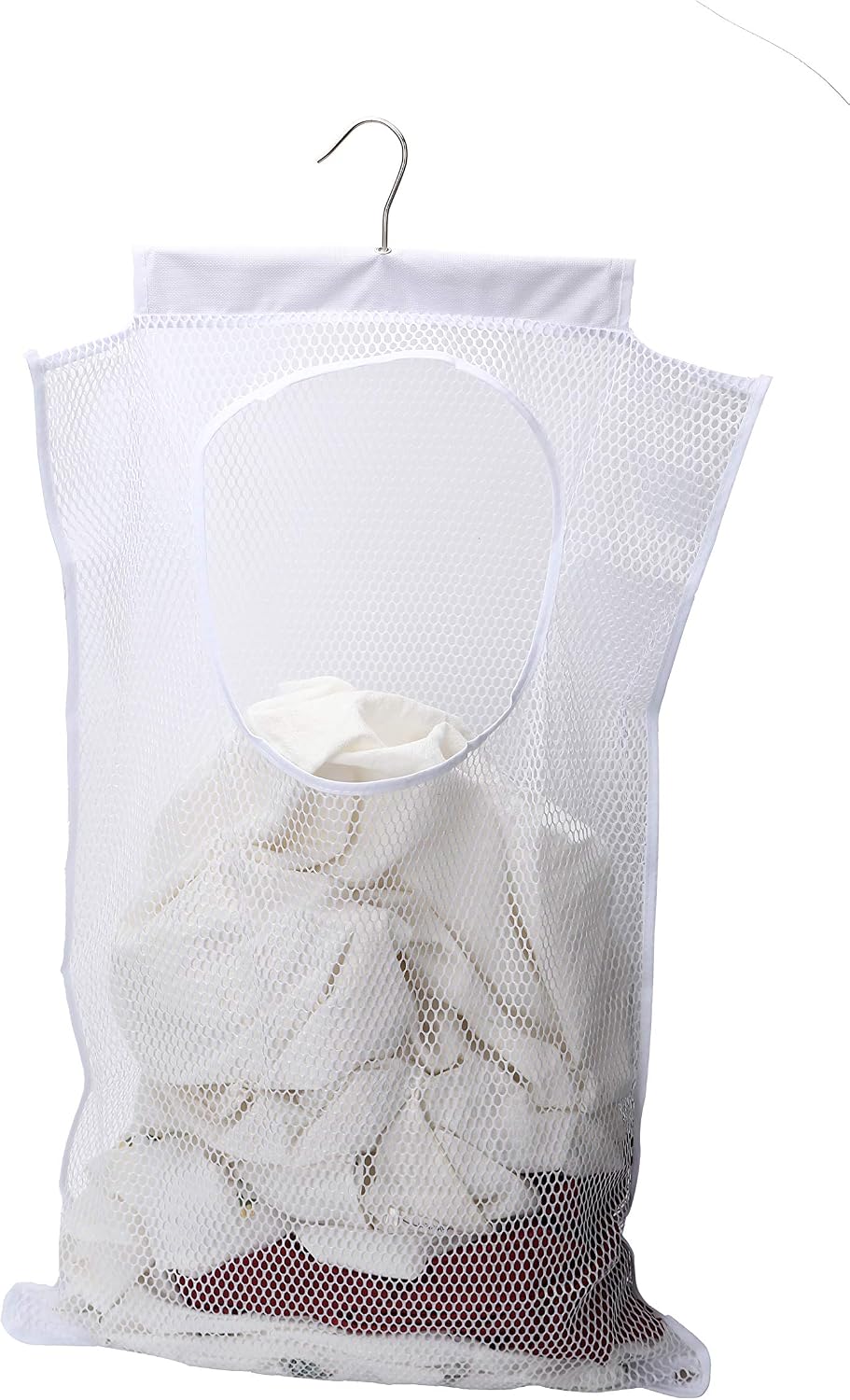 Door-Hanging Mesh Laundry Hamper Bag, Space Saving Corner Small Laundry Basket Dirty Clothes Hamper with Rotating Metal Hanger for Apartment, RV, Camper, Cabin, College Dorm Use (White)