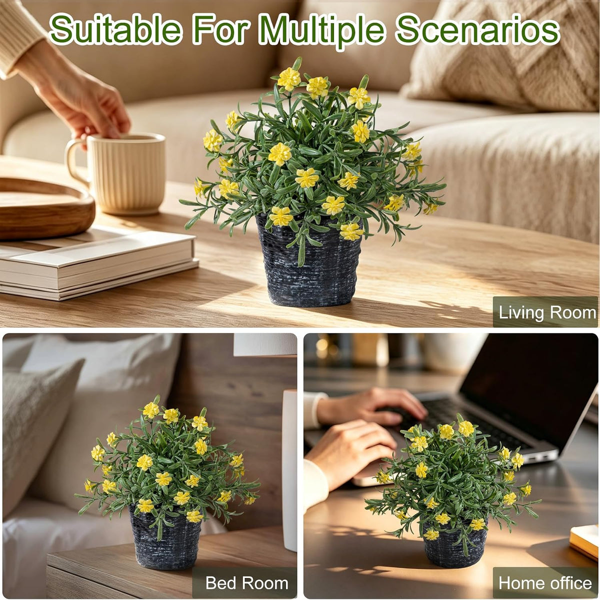 Small Fake Plants Set of 2, Mini Artificial Potted Plants with Flowers