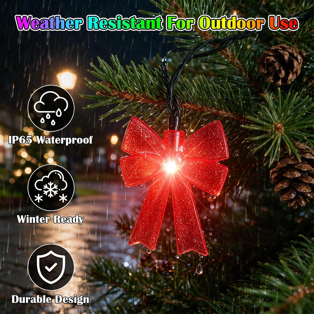 Solar Powered 23FT Christmas Bow 30LED Outdoor String Lights Multicolor