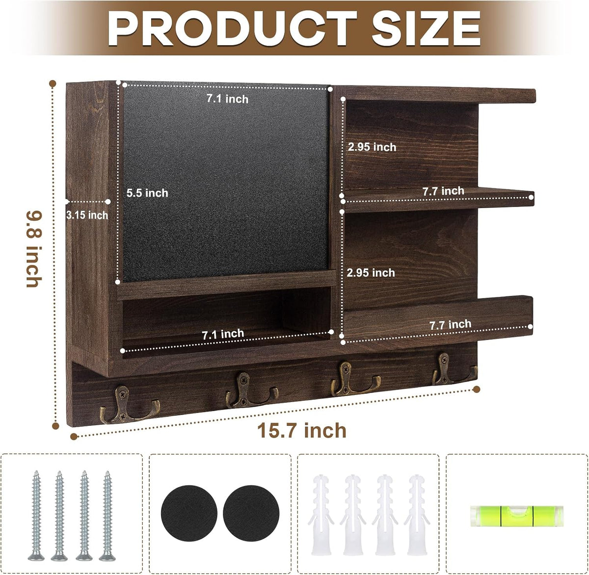 WEWEOW Key Holder for Wall, Mail Organizer Wall Mount with Key Hooks and Chalkboard & Mirror for Sunglasses Storage and Dog Leash Hanger, Decorative with 4 Double Hooks