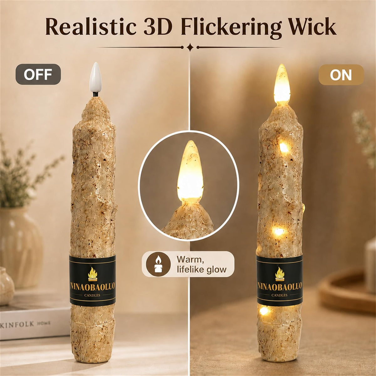 Wood Grain Flameless Taper Candles 4 Pack, 6.5 Inch LED Candles with Remote