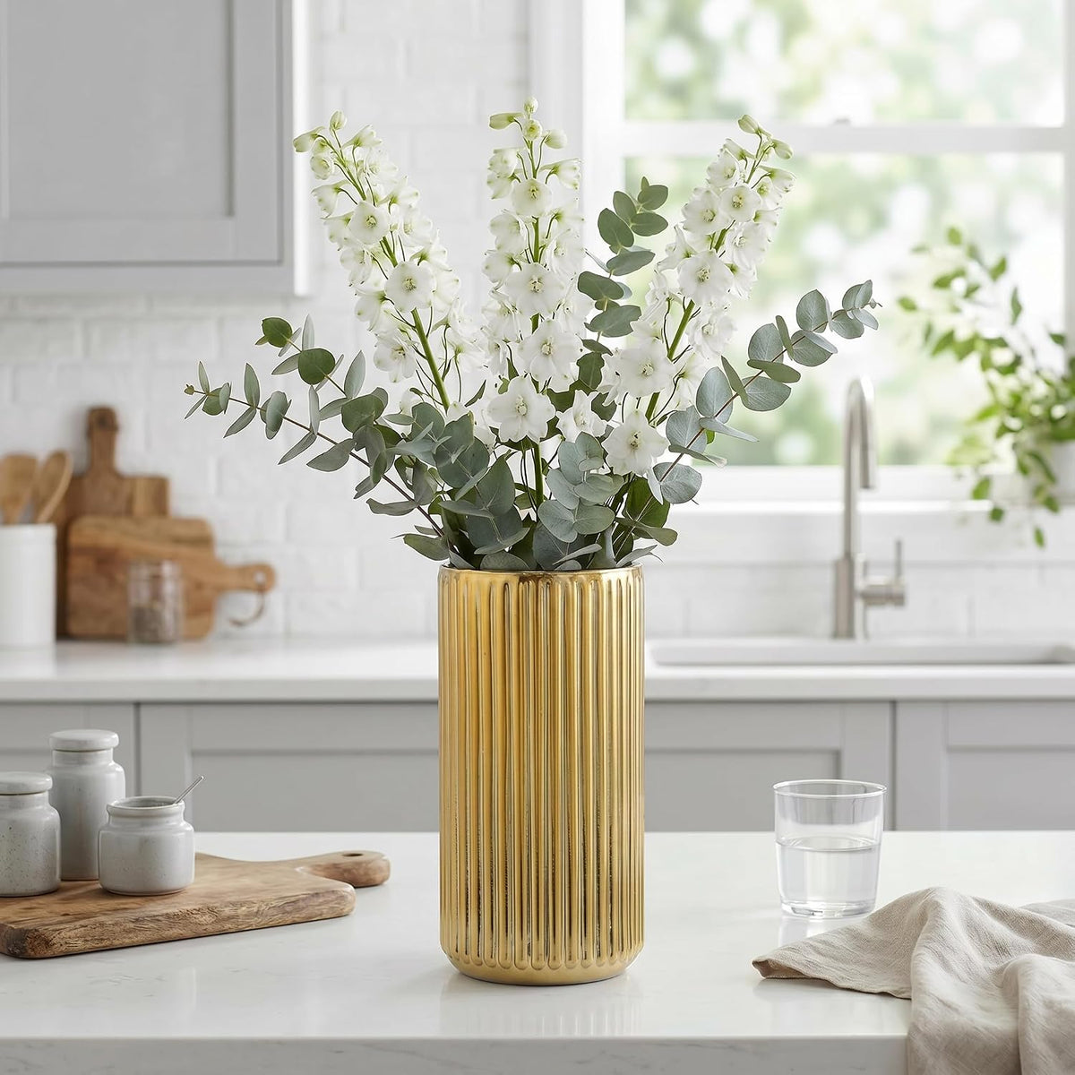 Ribbed Glass Vase,Flower Vase for Bouquet, Gold Glass Vases for Flowers, Modern Vases for Living Room, Bathroom, Dining Table, Office, Wedding, Centerpieces, 8 Inches