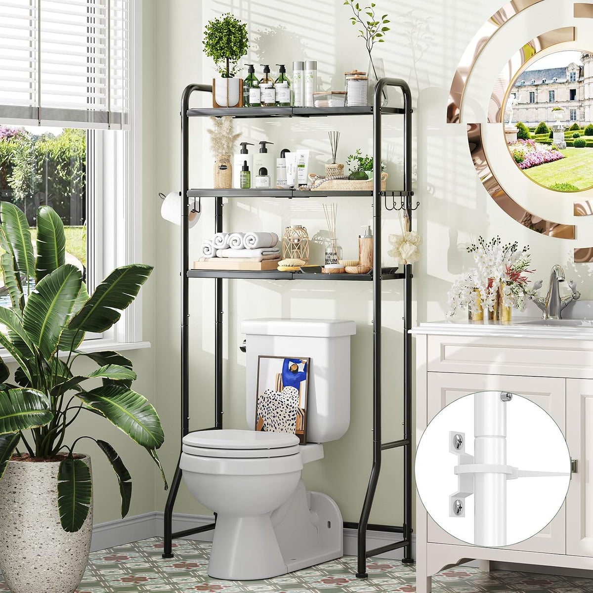 Simple Trending Expandable Over The Toilet Storage Rack, Metal 3 Tier Bathroom Organizer Shelf with Paper Holder and 3 Hooks, Black
