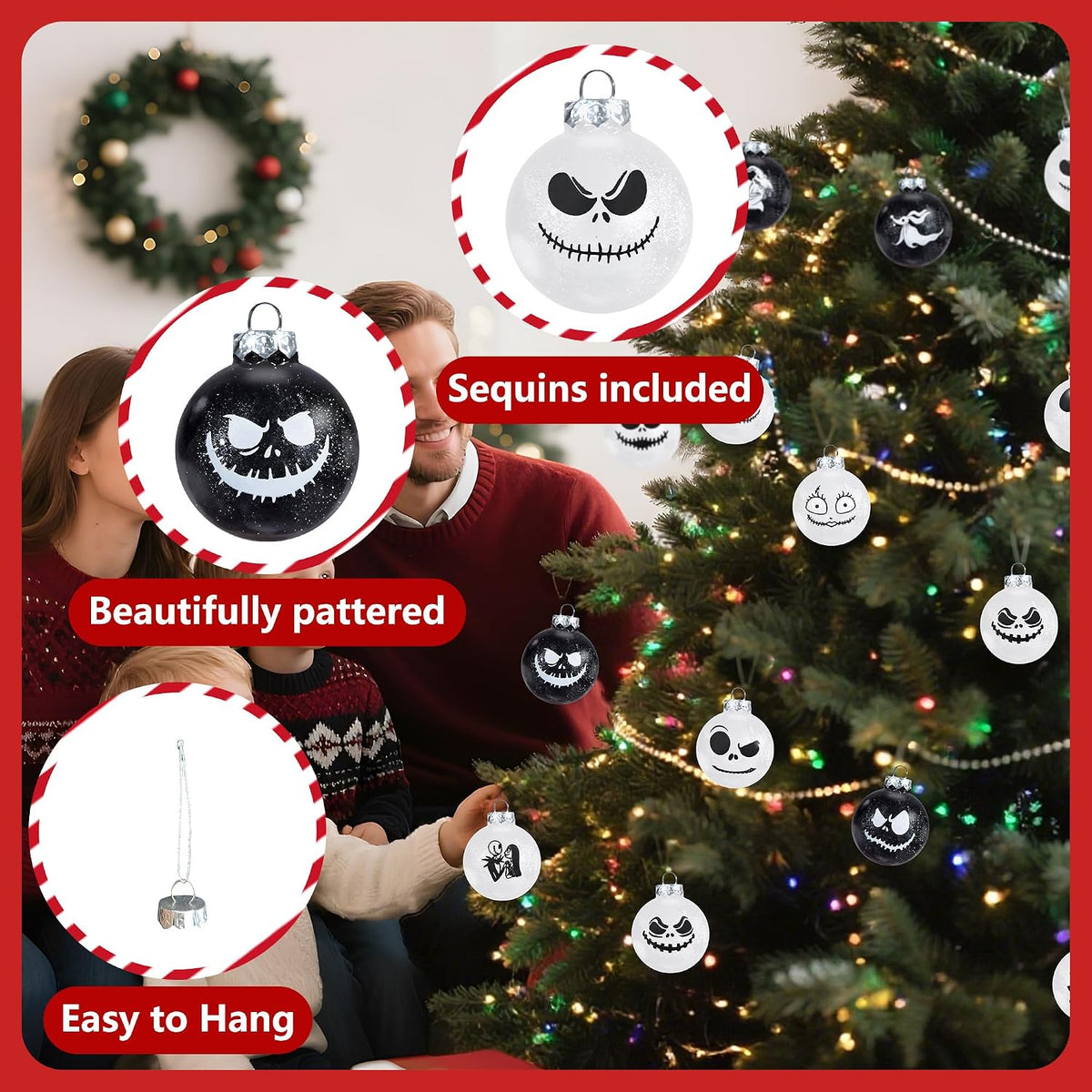 Nightmare Christmas Ball Ornaments Set, Skull Pattern Jack White and Black Xmas Tree Decorations, Plastic Shatterproof Hanging Balls Halloween Decor, 2.36”/60mm (24, White and Black)