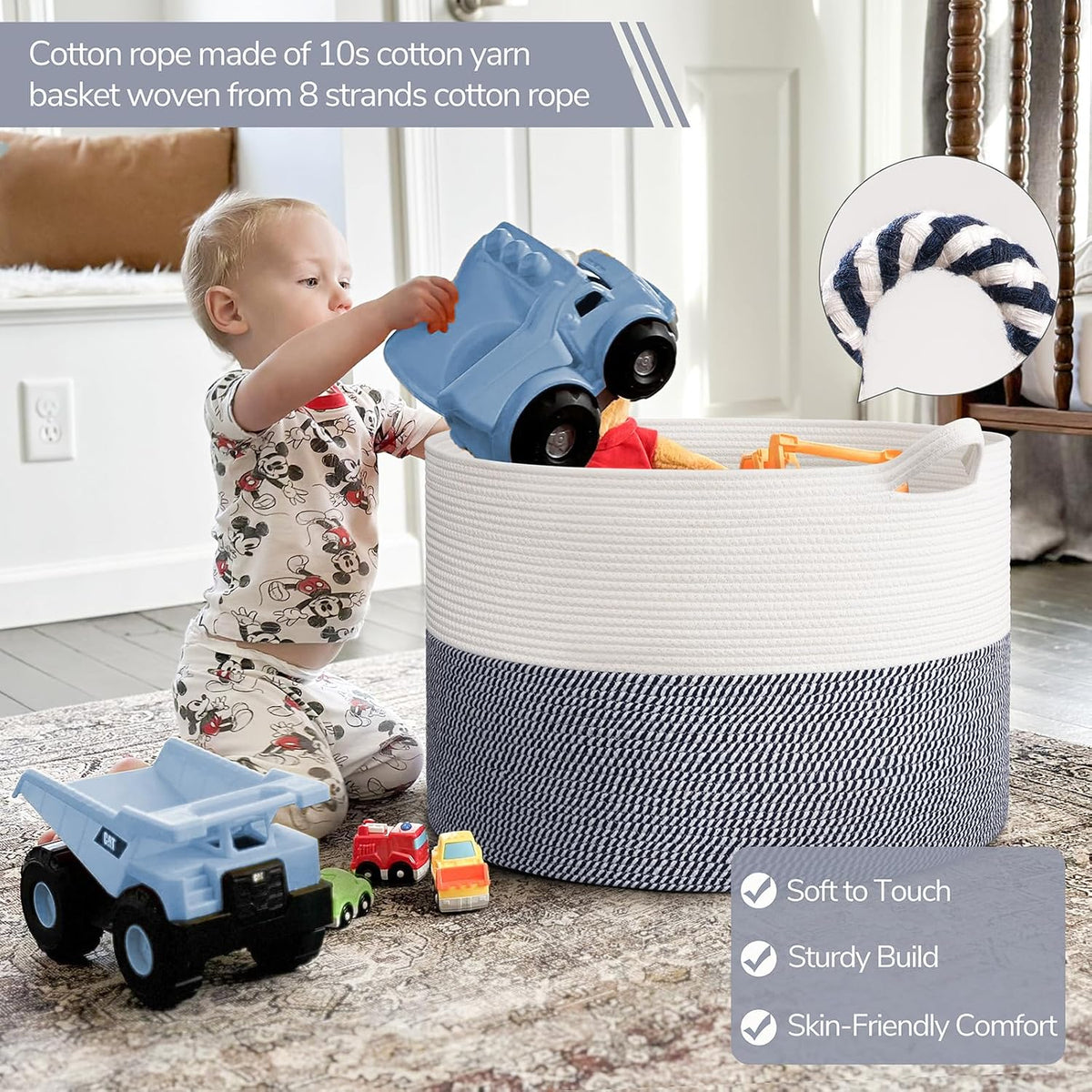 INDRESSME 115L Extra Large Woven Rope Blanket Basket Living Room, Navy